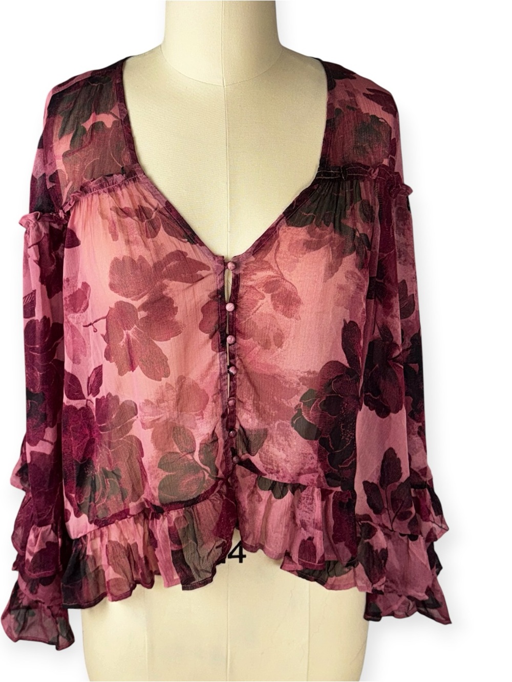 Free People NWT Floral Ruffle Bell Sleeve Boho Blouse Top M